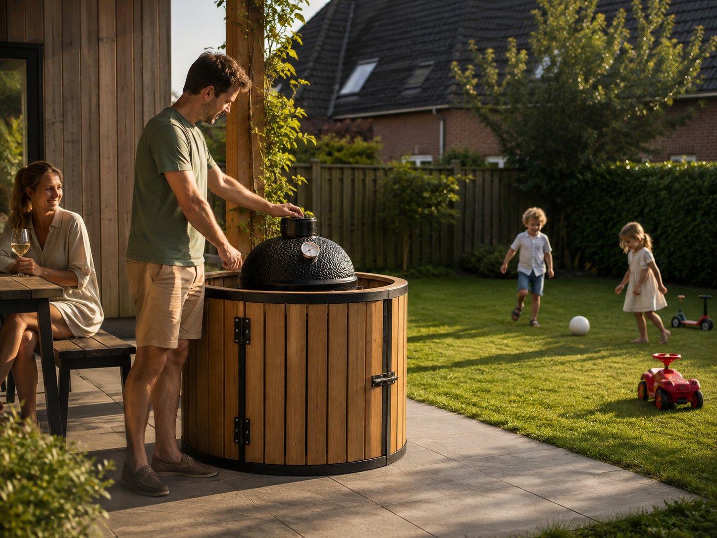 Family cooking on a kamado grill with a BBQ Guard safety surround, children playing in the garden